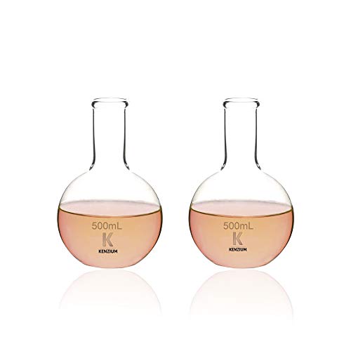 KENZIUM - Pack 2 x Ballon à Fond Plat | 500 ml | Verre Borosilicaté 3.3 | Col Étroit | Haute Résistance, Idéal pour Ebullition