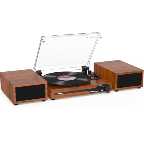 Udreamer Platine Vinyle avec 2 Haut-parleurs Stéréo Doubles, Vintage Tourne-disqu Bluetooth 5.3 Prend en Charge 3 Vitesses, Entrée Auxiliaire, Ligne RCA, USB,Lecture sans Fil, Marron