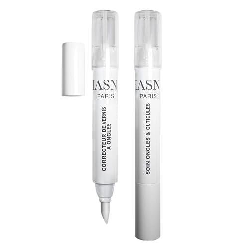 HASNA PARIS - DUO Stylos Correcteur vernis à ongles Dissolvant sans acétone avec pointes de rechange & Soins ongles cuticules réutilisable avec des pointes de rechange et un résultat parfait 2x3ml