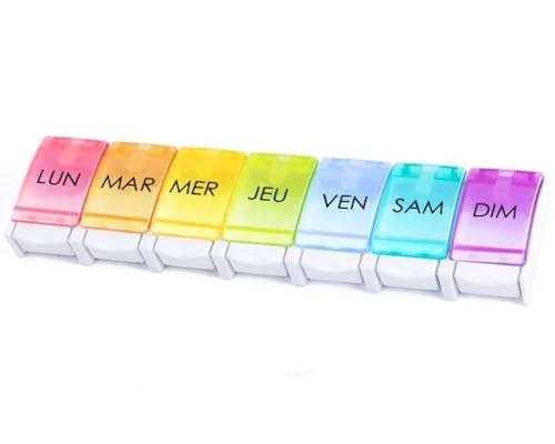 Pilulier Semainier FRANCAIS 7 jours | Pilules, Medicament Pour chaque jour de semaine | Rangement Grande capacité | Ouverture facile | Ideal Voyage | Couleur Arc-en-ciel | Accessoire médicaux Sans BPA