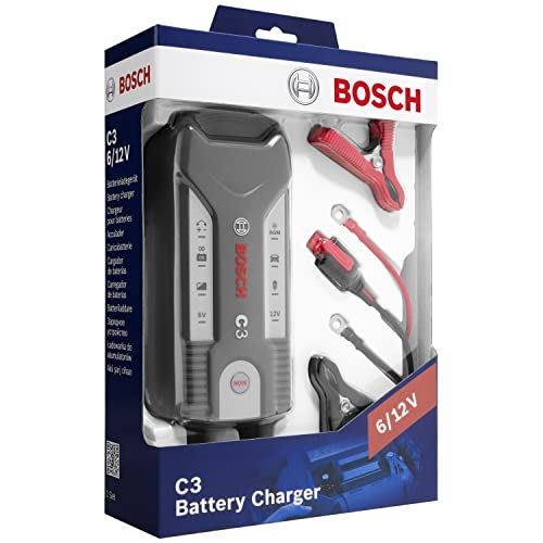 Bosch C3 - Chargeur de Batterie Intelligent et Automatique - 6V/12 V / 3.8 A - pour Batteries Plomb-Acide, GEL, Start/Stop EFB, Start/Stop AGM pour Motos et Voitures et Petits Utilitaires