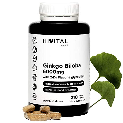 Ginkgo Biloba 6000 mg. 210 gélules vegan pour 7 mois de traitement. Le meilleur extrait naturel concentré 50:1 avec 24% de flavonoïdes et 6% de terpènes. Fabriqué en Europe par HIVITAL