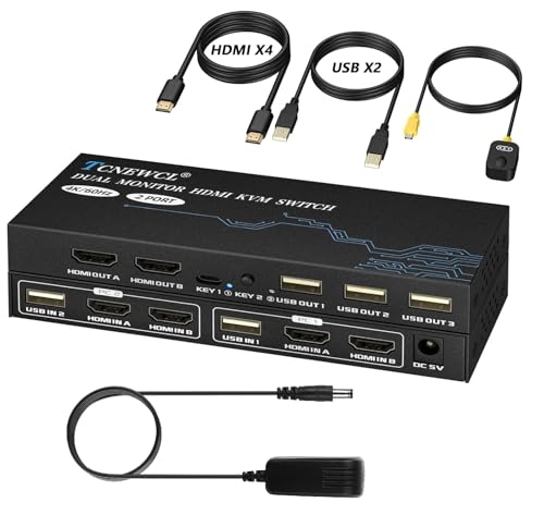 TCNEWCL Switch KVM HDMI 2 Écrans 2 PC, 4K@60Hz Commutateurs KVM 2 entrées 2 Sorties pour brancher 2 PC sur 2 écrans, USB 2.0, HDMI 2.0, HDCP2.2, avec télécommandes filaire