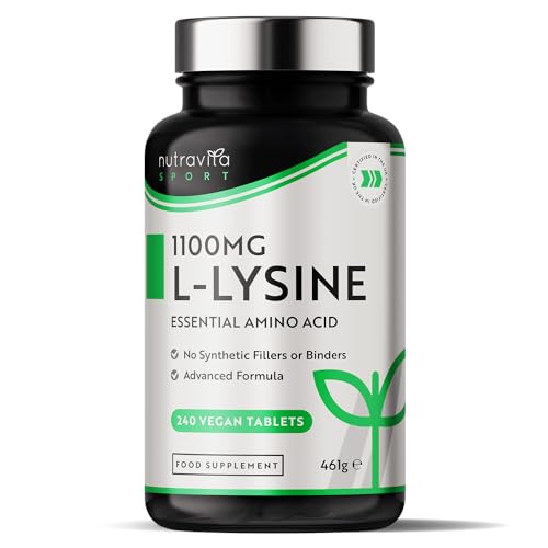 L-Lysine 1100mg Hautement Dosé - 240 Vegan comprimés - Supplément d'acides aminés essentiels L Lysine - Croissance normale et rotation musculaire - Sans Additifs - Fabriqué par Nutravita