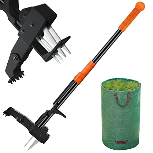 SKKAEO Desherbeur Manuel - Outillage de Jardin, 102 cm Longue + avec Sac à Feuilles, Marchepied en Acier Inoxydable et Pliable à 4 Griffes