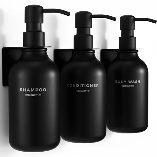 MaisoNovo Distributeur Savon Mural - Distributeur shampoing et Gel Douche - 500 ML Lot de 3 Bouteilles en Plastique Noir, Pompe Noire - Distributeur shampoing
