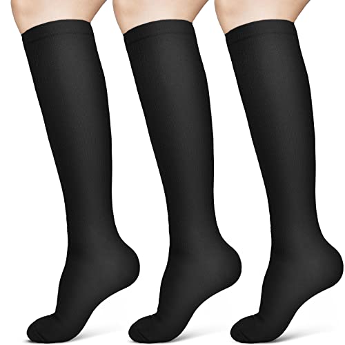 ACWOO Chaussettes de Compression, 3 Paires 15-20 mmHg Bas de Contention pour Femmes et Hommes, Chaussettes de Compression pour L'athlétisme, Cyclisme, Course, Voyages en Avion(L/XL, Noir)