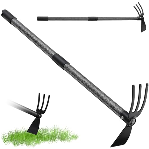 Harrms Pioche de jardin avec manche en acier inoxydable, 76 cm, double houe à 3 dents, en métal, accessoires de jardin pour desserrer, aérer et désherber le sol