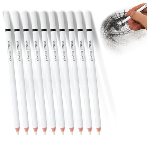Lot de 10 Crayons Gomme pour Artistes - Stylo Bois pour Dessin Charbon, Gomme Blanche pour Croquis et Révision - Étudiants et Professionnels Art Peinture Projets Artistiques
