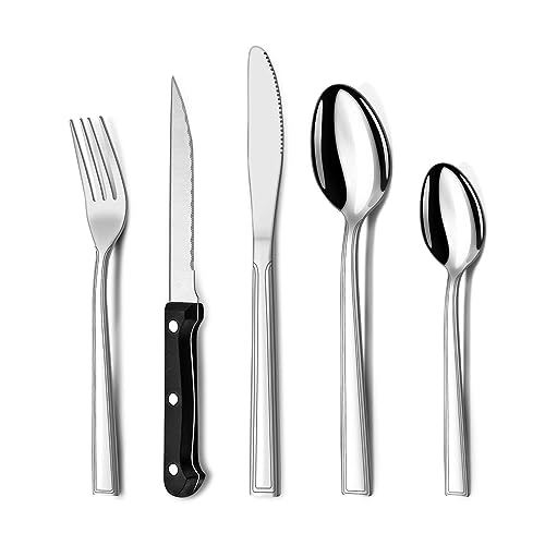Couverts de table, Hunnycook 30 pièces Couverts avec couteau à steak, Set de couverts en acier inoxydable avec couteau fourchette cuillère pour restaurant/fête/mariage, lavable au lave-vaisselle