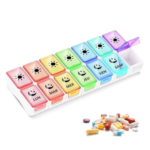 GeekerChip Pilulier Semainier Français Matin et Soir,Piluliers Medicaments 7 Jours 2 Compartiments,Petits Pilluliers Amovibles,pour Vitamines,Suppléments(Multicolore)