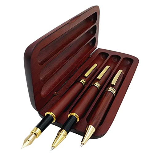 Lot de 3 stylos en bois avec étui cadeau - Stylo plume, stylo à bille et stylo à encre gel de luxe avec recharges d'encre