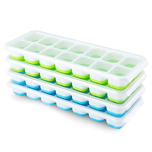 Airabc Lot de 4 bacs à glaçons en silicone avec couvercle, peu encombrant et empilable, certifié LFGB et sans BPA, bacs à glaçons carrés faciles à retirer Bleu/Vert