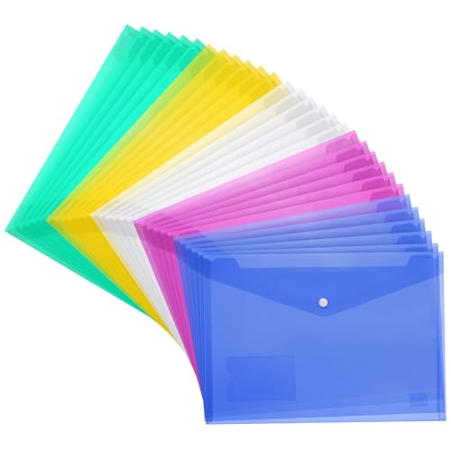 H&S Pochette Plastique A4 Porte Document - Lot de 30 Chemise Plastique A4 Transparente avec Fermeture à Pression - Pochette Rangement Papier Design Enveloppe Plastique
