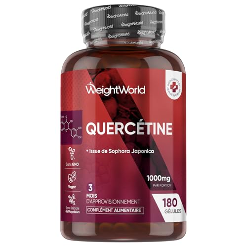 Quercétine 1000mg, 180 Gélules Vegan, Issue d'Extrait de Fleur Sophora Japonica, Quercetine pour 3 Mois, Complément Flavonoïdes et Polyphénols sans Stéarate de Magnésium