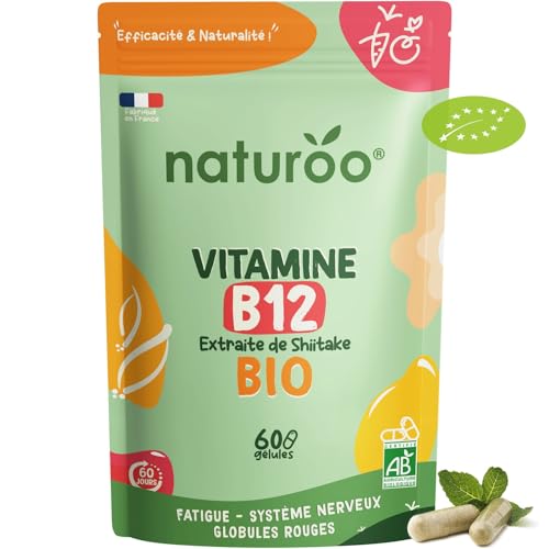 Vitamine B12 Bio | 60 gélules (2 mois) | 100% naturelle et végétale | Premium & Vegan | vitamin B 12 à 25 µg (1000% des AJR) | Extraits de Shiitake et fibre d'acacia bio | B-12 pour Hommes et Femmes