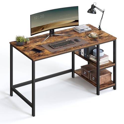 VASAGLE Bureau avec Rangement, Table d’Ordinateur, avec 2 Étagères Réversibles, Poste de Travail, pour Télétravail, Salon, Cadre en Acier, Style Industriel, Marron Rustique et Noir d'Encre LWD47X