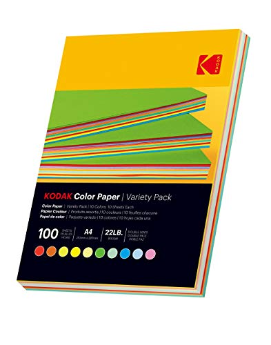 KODAK Color Paper - Papier de Couleur, Pack de 100 Feuilles, 80g/m², Format A4 (21x29,7cm), Double Face, Assorties en 10 Couleurs (Rouge, Orange, Jaune, Vert, Bleu, Rose), Impressions Jet d'Encre