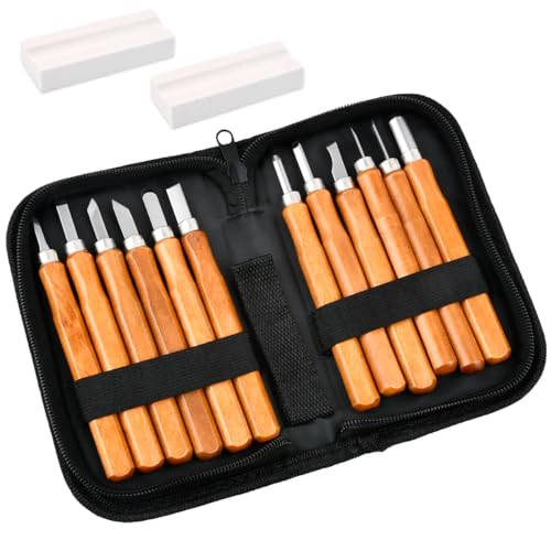 USENG 14 Pièces Kit D'outils de Sculpture sur Bois,12 Ciseaux à Bois avec 2 Aiguiser et 1 Boîte,Outils de Gravure sur Bois Couteau Sculpture Bois,DIY Outil de Sculpture Bois pour Sculpteur Charpentier