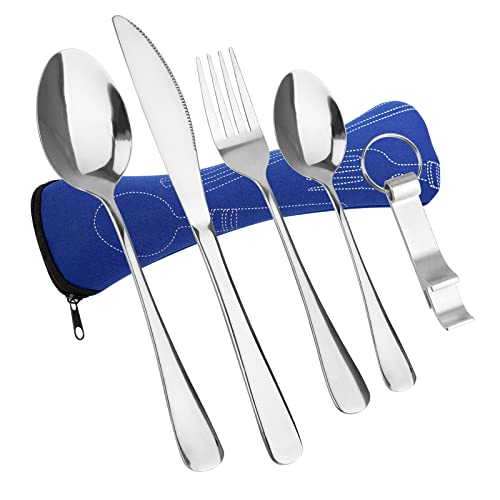 5 Pièces Ensemble de Couverts Camping avec Cuillère Fourchette Couteau Ouvre-bouteille Sac de Rangement Set, Portable en Acier Inoxydable Poli Miroir pour Pique-Nique,Voyage,Cuisine,École,Bureau