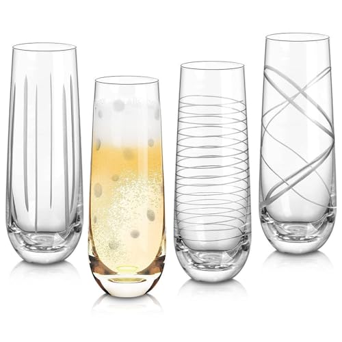 Joeyan 290ml Flûtes à Champagne en Verre Gravure - Lot de 4 Verres de Champagne sans Pied pour la Maison, Les Restaurants, les Fêtes et les Événements Spéciaux - Idée Cadeau pour Homme, Femme