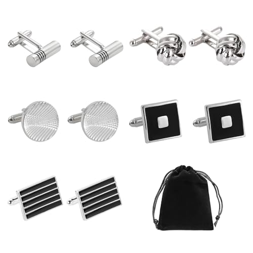 Lot de 5 paires de boutons de manchette en acier inoxydable, 1 sac de rangement, boutons de manchette pour costume de chemise pour homme (noir et argent), taille unique, Acier inoxydable, Acier