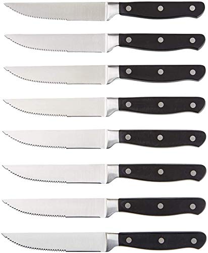 Amazon Basics Set de 8 couteaux à steak Lames en acier dentelé Manche ergonomique, Noir/Acier inoxydable