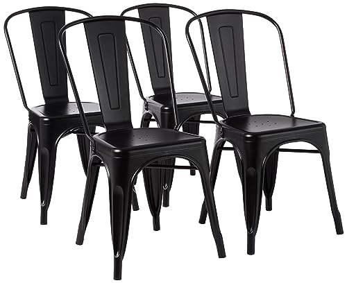 Amazon Basics Lot de 4 chaises de Salle à Manger empilables en métal avec Dossier pour bistrot, Cuisine, intérieur et extérieur, Noir, 51 x 43 x 85 cm
