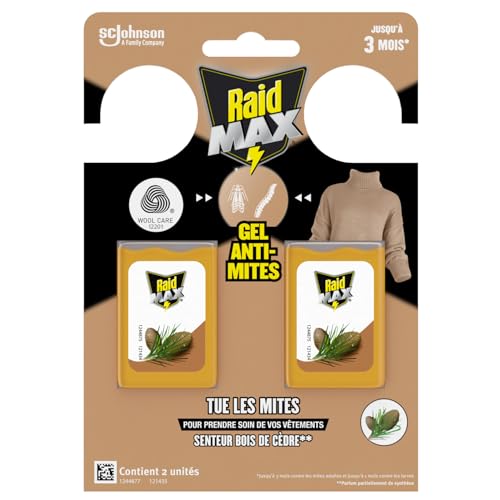 Raid Max Gels Anti-Mites Parfum Bois De Cèdre - Protège Les Vêtements Jusqu'à 3 Mois - Parfume Délicatement - Certification Woolmark - 2 Gels