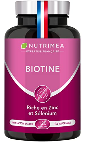 BIOTINE | Sans Excipient | Accélère la Pousse des Cheveux & Ongles | Avec Vitamine B8, Pépins de Courge, Zinc et Sélénium | 120 Gélules Vegan | Fabrication Française | Nutrimea