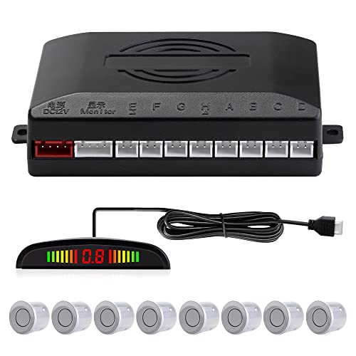Radar de Recul Voiture, Aide au Stationnement avec 8 Capteurs de Stationnement Avant Arrière avec Buzzer Affichage LED (8 Capteurs, Argenté)