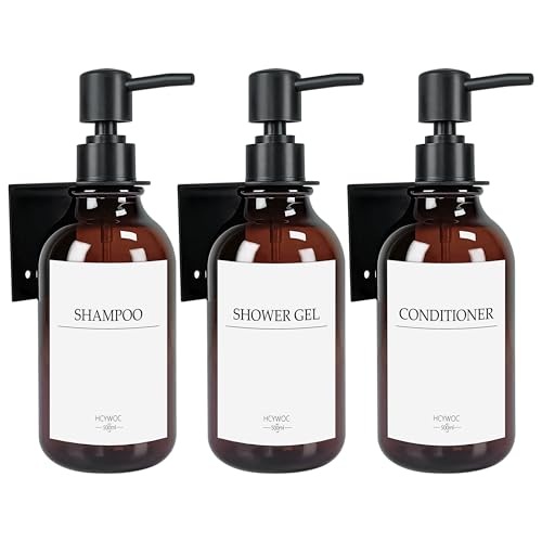 HCYWOC Lot de 3 Distributeur Savon Mural, Distributeur Savon Mural sans Percage avec 16 Étiquettes Imperméables, 500 ML Distributeur de Savon Mural, Distributeur Savon Salle de Bain et Cuisine, Ambre