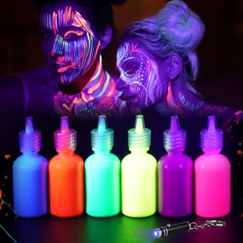 LOPHE Peinture Corporelle-Kit de Peinture fluorescente, UV Glow Lot de 6 tubes de peinture, Peinture Corporelle Maquillage pour le visage et le corps Halloween Noël Maquillage Fluo,6 * 30ML