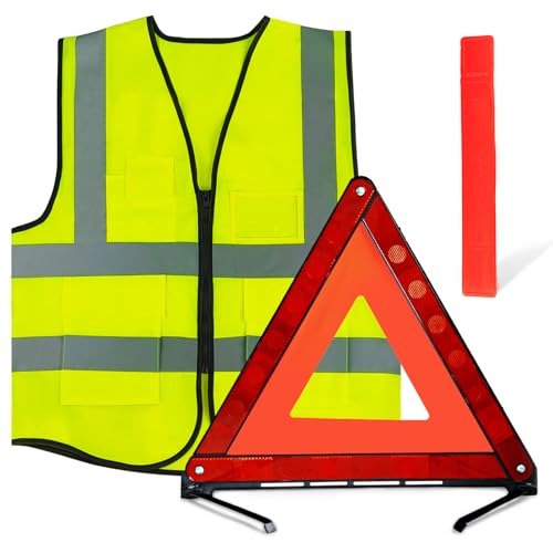 WYFDZZP 3in1 Triangle et Gilet Jaune pour Voiture, Triangle Voiture, Gilet Voiture, 360 DegréS Triangle d'urgence, Triangle Pliable pour Voiture, Kit Triangle de Signalisation avec éTui de Rangement