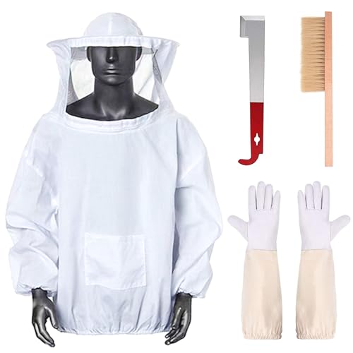 ZONSUSE Combinaison de Protection pour Apiculteur avec Gants, Lève-cadre et Grattoir à Crochet en J en Acier Inoxydable, Brosses de Ruche, Équipement Apicole Professionnel pour Jardin et Ranch