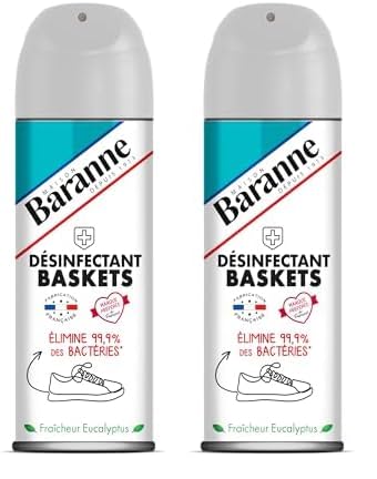 Baranne Désinfectant Baskets | Elimine 99,9% des bactéries* | Fraicheur Eucalyptus |Assainit vos baskets de ville et de sport | Fabriqué en France | Aérosol 200 mL (Lot de 2)