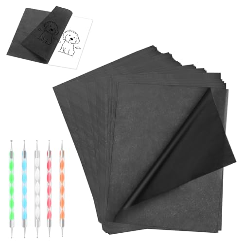 VFANDV 150 Papier Carbone A4, Feuilles Papier de Copie Carbon avec 5 PCS Stylet à Embosser Papier de Transfert de Carbone Feuilles Papier Carbone Noir pour Le Toile Bois Papier Toile