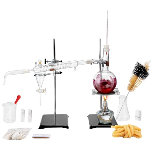 VEVOR Kit de Distillation d'Huiles Essentielles, Appareil de Distillation de 500 mL, Kit de Verrerie de Labo Boro 3,3 avec Lampe à Alcool, Maille en Céramique et Joint 24/40, Ensemble de 28 Pièces