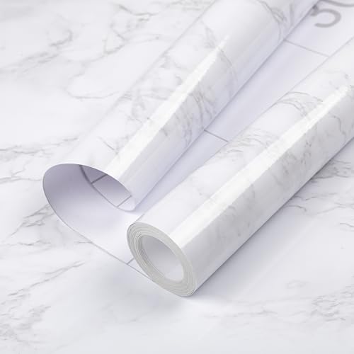 Hode Papier Peint Film Rouleau Adhesif pour Meuble Cuisine Mural, Papier Autocollant pour Meuble Armoires Imperméable, Décoratif Revêtement Blanc Marbre Vinyle Tableaux Comptoirs 30×200cm PVC