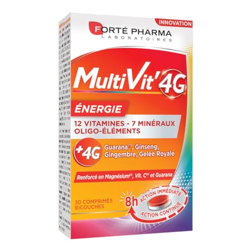 Forté Pharma - Multivit' 4G Energie - 12 Vitamines, 7 Minéraux - Ginseng, Guarana, Gelée royale & Gingembre -, Complément Alimentaire Forme et Tonus - 30 comprimés Bi-couches - 1 mois