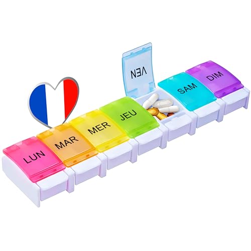 Pilulier Semainier FRANÇAIS 7 Jours - Boite À Médicaments - Piluliers Medicaments - Rangement Grande capacité - Ouverture facile | Ideal Voyage - Accessoire médicaux Sans BPA