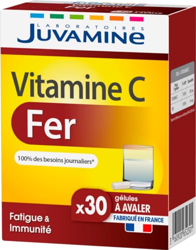 JUVAMINE - Fer + Vitamine C - 30 gélules à avaler - Fatigue et immunité - Réduit la Fatigue - Absorption du Fer - Lipofer® - Vitalité - Fabriqué en France