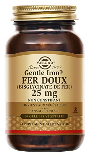 Solgar Fer doux Gentle Iron 25mg - Vitalité - Fer hautement assimilable et tolérance optimale - Non-constipant - Complément Alimentaire - Flacon de 90 gélules végétales