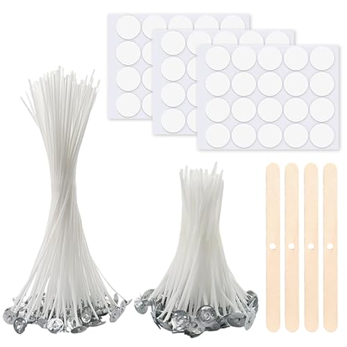 Mèche Bougie,50 PCS Mèches de Bougie Naturelles,Mèche de Bougie Coton,10cm/20cm Mèches pour Bougies,avec Supports de Mèche en Bois et Autocollants de Mèche Double Face,pour Fabrication de Bougies