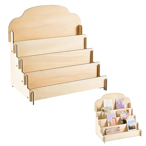 LONGHAO Présentoir en bois à 4 étages pour cartes de vœux - Présentoir à bijoux - Pour cartes postales - Autocollants, cartes cadeaux de vacances (couleur bois)