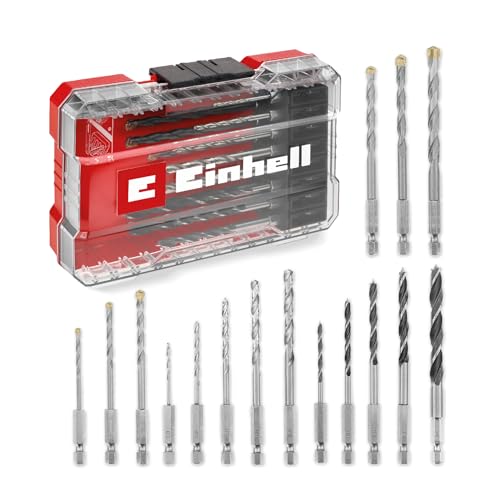 Original Einhell M-CASE 16 pcs. set de forets (forets à bois, forets à pierre et forets à métaux avec tige E 6.3 pour visseuses sans fil et perceuses, boîte de rangement incluse)