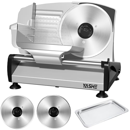 YASHE Trancheuse Électrique Avec Moteur DC Silencieux, Trancheuse À Jambon 200W, Lames En Acier Inoxydable Dual 19CM, Épaisseur Réglable De 0-15mm, Idéale Pour Viande, Fromage, Pain Et Légumes