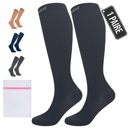 360 Relief Bas de Contention - 1 Paire Chaussettes de Compression Couleur Unie Femme et Homme - Idéales pour Vols, Voyages et Sports - XXL Noir avec sac de lavage en maille