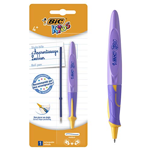 BIC Kids Twist System Stylo-Bille d'Apprentissage Ergonomique Pointe Moyenne (1,0 mm) - Encre Bleu - Blister de 1 + 1 Recharge - Coloris aléatoire - 2 Unité