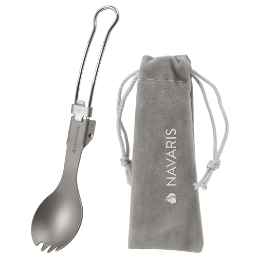 Navaris Fourchette Pliable - Couvert pour Popote Camping et Bivouac - Cuillère Fourchette 2 en 1 en Titane - Couvert de Voyage Léger et Compact - Longueur de 16,5 cm Dépliée